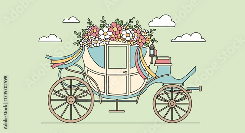Elegant horse drawn carriage adorned with flowers and ribbons.