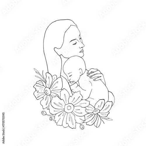 Mother hugs child line art. Bud of anemone flower card on Mother's Day. Mom holds baby graphic vector illustration. Motherhood concept. Postcards, maternity hospital design, article, children product