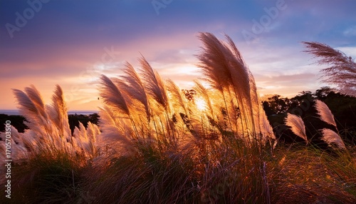Elegant And Soft Pampas Grass Plumes Glowing Against A Tranquil Sunset Sky