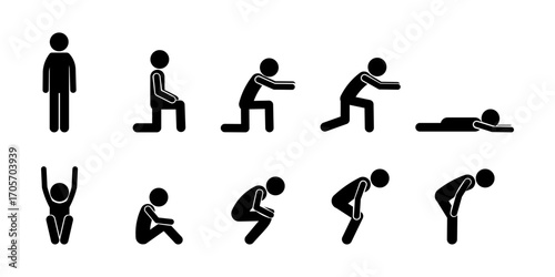 Silhouette stickman workout icon set. Human figure fitness exercise poses collection including sit, squat, kneel, push up, stretch, rest, stand, bend, and sleeping positions isolated on white backgrou