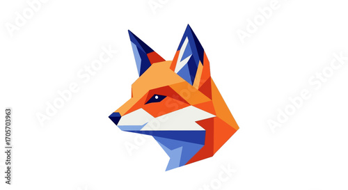 Geometric Fox Head Illustration with Vibrant Orange and Blue Colors.