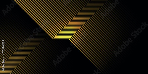 Dark abstract background with overlapping glowing gold lines. Modern graphic design element for covers, banners, flyers, cards, or brochures.