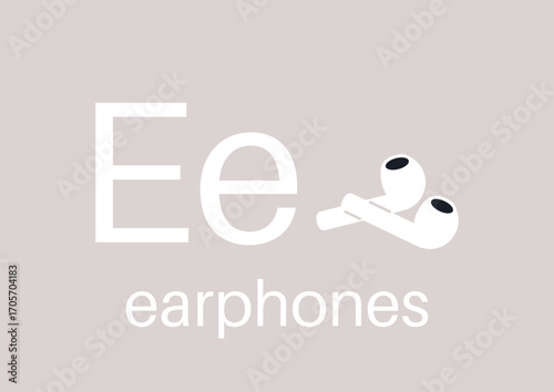A vibrant display showcases the letter E alongside earphones, encouraging imaginative learning and engagement, Playful typography bring letters to life, making education enjoyable.