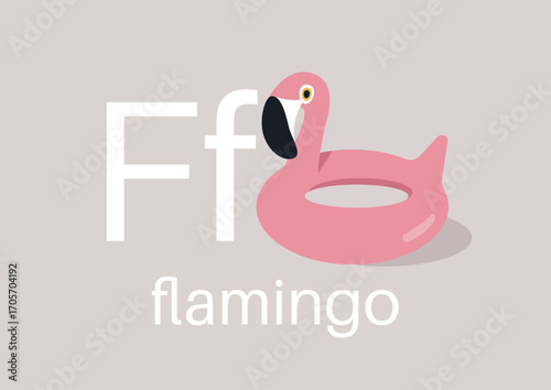 A playful representation showcases a pink flamingo float next to the letter F, ideal for engaging young learners in fun and creative ways while exploring the alphabet