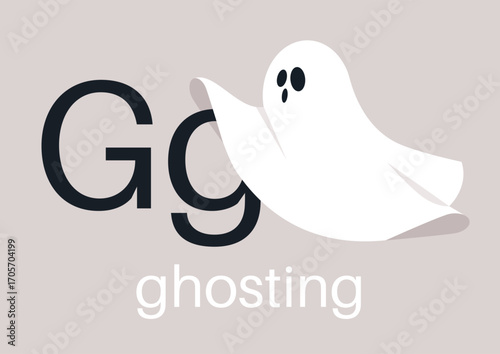 A lighthearted ghost hovers next to a bold letter G, creatively representing the term ghosting, This artistic display brings a fun twist to a modern communication theme.