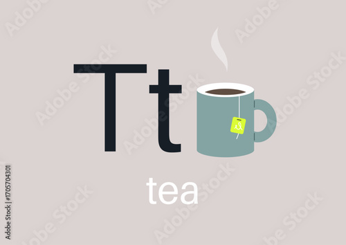 A playful representation of the letter T, accompanied by a warm mug of tea, This design creatively highlights the relationship between letters and familiar items, perfect for teaching.