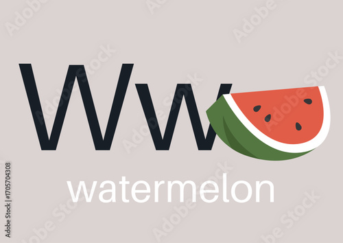 Engaging and whimsical display of the letter W paired with a vibrant watermelon slice, inviting curiosity and joy while illustrating the playful side of language and learning