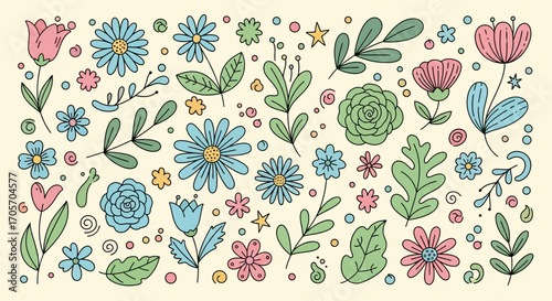 Hand-Drawn Floral Collection with Tulips, Daisies, and Greenery.