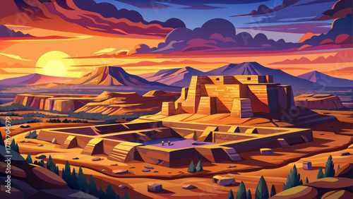 Chaco Culture National Historical Park, New Mexico, USA, reveals intricate Puebloan ruins beneath vast desert skies painted in sunset hues of copper and violet.