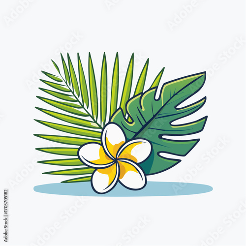White Frangipani Flower With Tropical Leaves On Light Blue Background