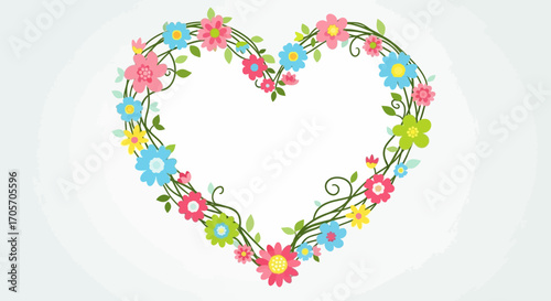 Heart Shaped Floral Wreath with Colorful Flowers and Greenery.