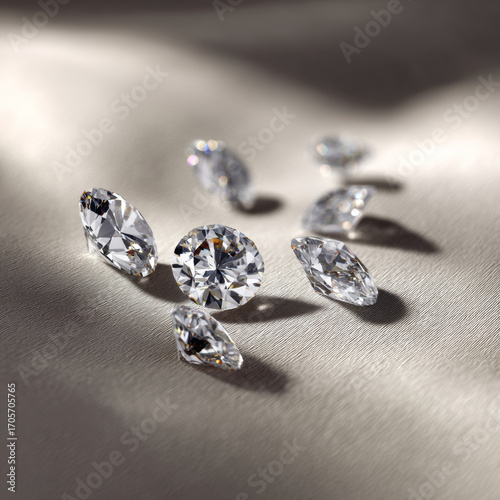 Loose diamond gemstones scattered on silk fabric with dramatic lighting and shadows, sparkling brilliant cut precious stones on luxury textile surface, clear crystal jewelry gems with bokeh background