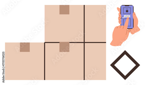 Stacked cardboard boxes, a hand using a smartphone to unlock, and diamond-shaped motif. Ideal for delivery, e-commerce, logistics, technology, convenience storage and security. Simple flat metaphor