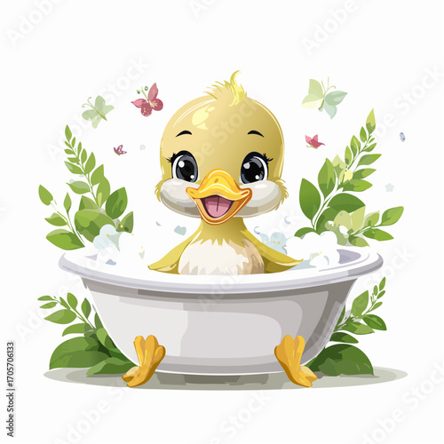 Niedliches Entenküken in einer Badewanne