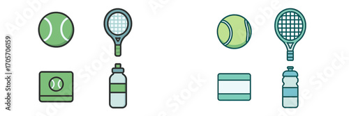 Tennis gear and sports accessories including balls, rackets, towel, and hydration bottles