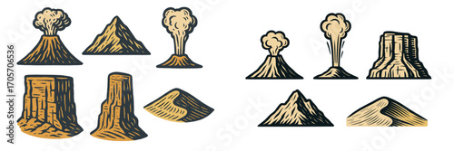 Volcanoes, mountains, rock formations, and desert dunes in diverse natural landscapes