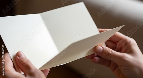 Hands carefully holding open a blank greeting card with space to write