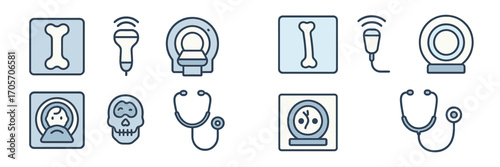 Medical diagnostic icons set with bone, skull, ultrasound, MRI, and stethoscope