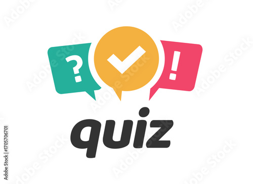 Quiz game time logo icon with text and red green yellow bubbles vector graphic illustration, poll survey contest sign symbol modern design, questionnaire test competition image clip art