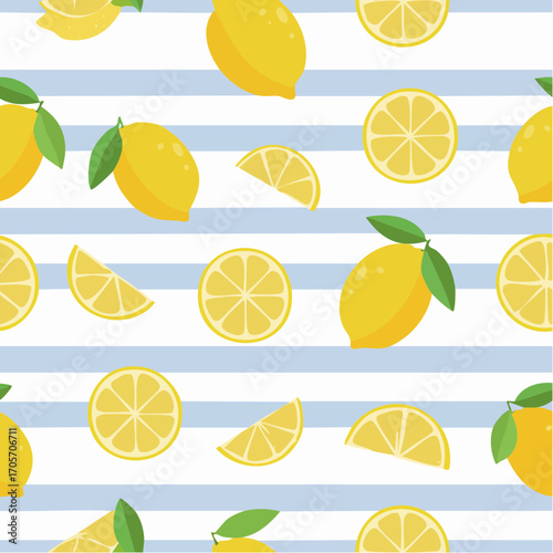 Yellow Lemons And Lemon Slices On Blue White Stripes Background
