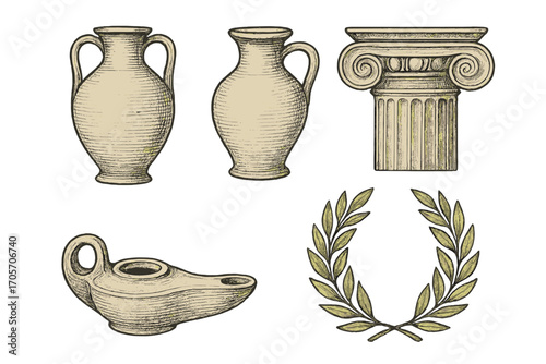 Ancient Greek and Roman artifacts, including amphorae, oil lamp, column capital, and laurel wreath, symbolizing classical history and culture from antiquity