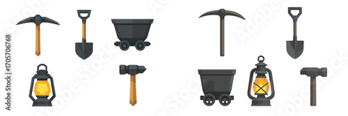 Assorted mining tools and equipment set with pickaxe, shovel, cart, lantern, and hammer