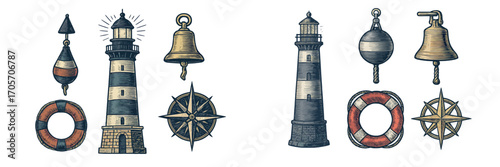 Nautical symbols collection with lighthouses, compass roses, bells, buoys, and life preservers