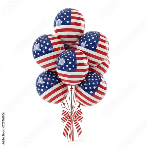 Bunch of balloons in American flag pattern tied with a white and red striped ribbon isolated on white background
