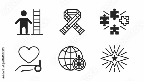 Illustration set featuring a person next to a ladder, ribbon, puzzle pieces, heart, globe, and starburst design silhouette