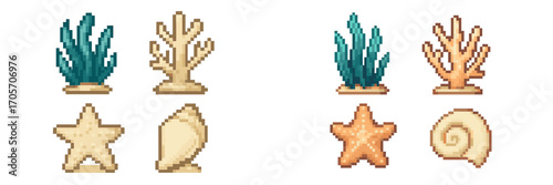 Pixel art marine life: coral, starfish, and seashells