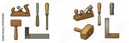 Collection of woodworking tools including planes, chisels, mallet, and square