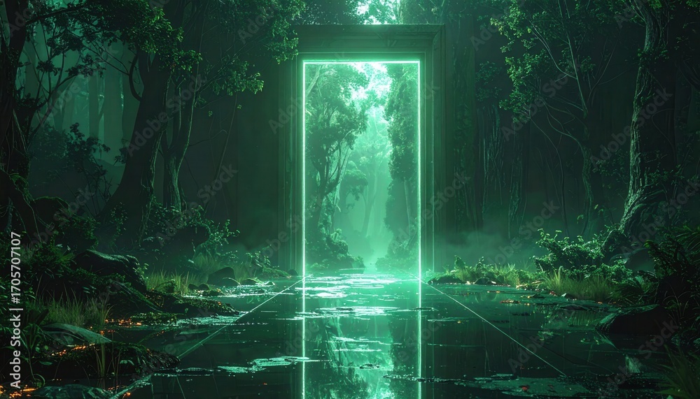 Fototapeta premium A verdant forest path, illuminated by a glowing green portal, leads to an unseen realm.