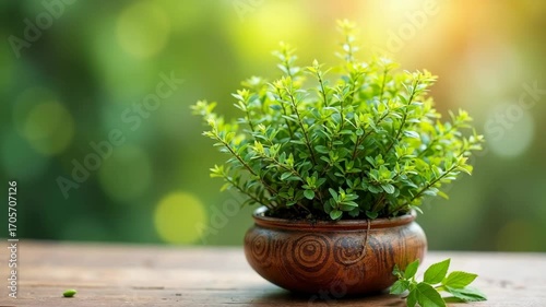 Tulsi plant in a decorative wooden pot for pana sankranti celebration. Vibrant green potted plant in a decorative wooden pot placed on a rustic wooden table, illuminated by soft sunlight with a