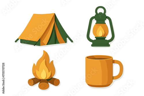 Camping essentials set with a green and orange tent, vintage lantern, warm campfire, and hot beverage mug