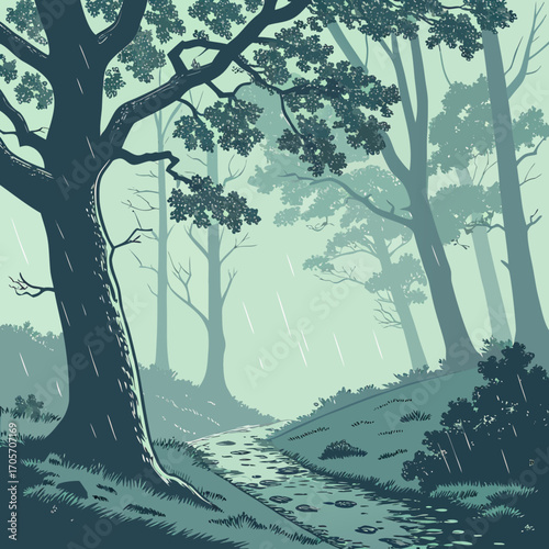 A serene forest path glistens with rain surrounded by lush trees and dense foliage in a calming green hue