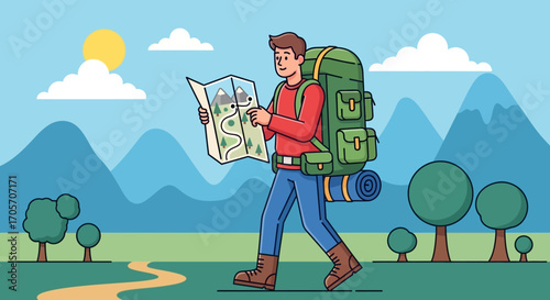 Man with backpack reading a map on a hiking trail.