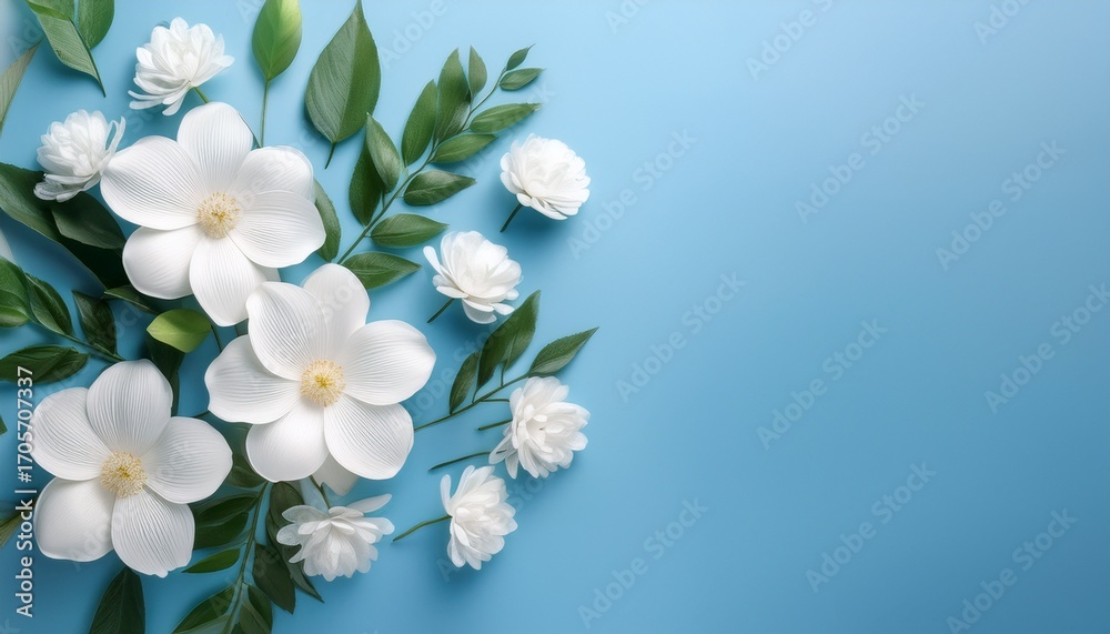 Fototapeta premium Delicate White Flower Arrangement On Soft Blue Background