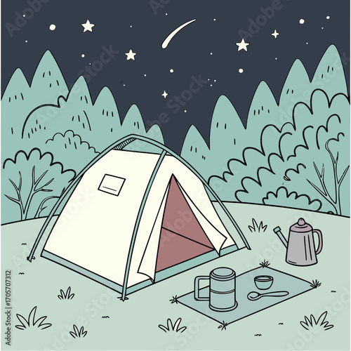 Cozy camping scene at night with a tent campfire mug kettle and starry sky over mountains and trees