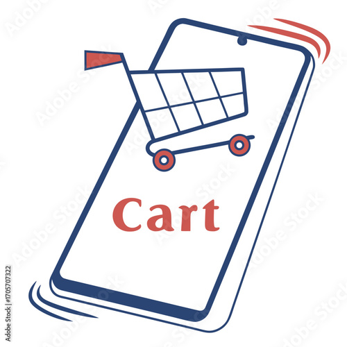 Conceptual illustration of a shopping cart icon superimposed on a smartphone screen with the word cart in red text