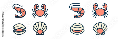 Stylized seafood icons: shrimp, crab, and shells