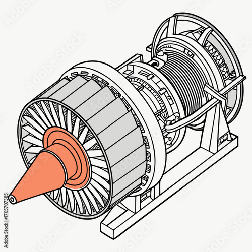 Detailed isometric line art illustration of a cutaway jet engine showcasing internal components and fan blades with a coral colored nose cone