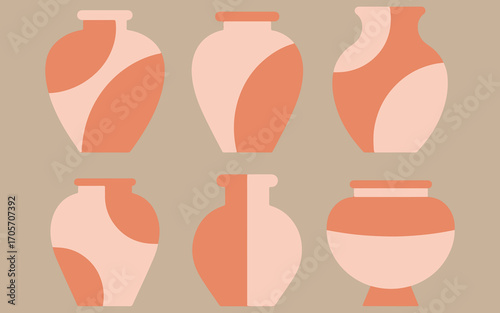 Collection of six abstract terracotta and beige ceramic vases
