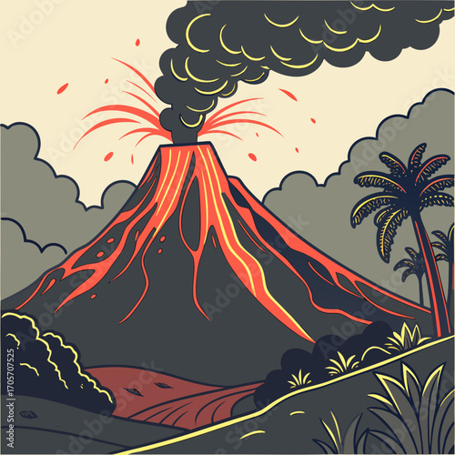 Dramatic illustration of a fiery volcano erupting with lava flowing down its slopes under a smoky sky with palm trees
