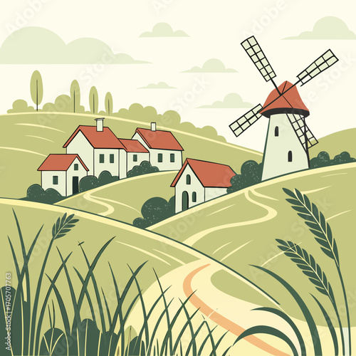 Idyllic pastoral landscape with a traditional windmill and charming village houses nestled among rolling green hills and fields
