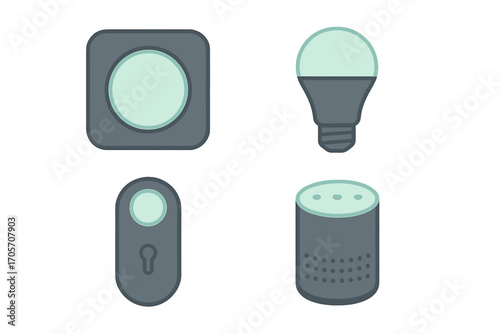 Smart home technology icons: speaker, light, sensor, and more