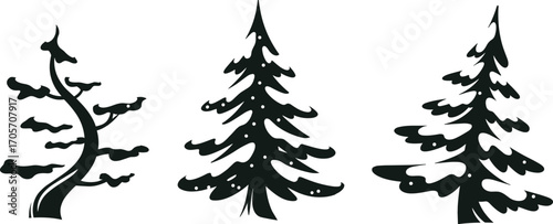 Snow-covered pine trees, winter forest landscape, black and white illustration, seasonal nature scene, snowy Christmas background, vector graphic design