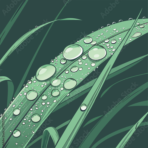Macro of Dew Drops on a Grass Blade, Fresh Morning Dew on Green Leaves, Nature's Droplets Vector Illustration, Detailed Water Drops on a Plant