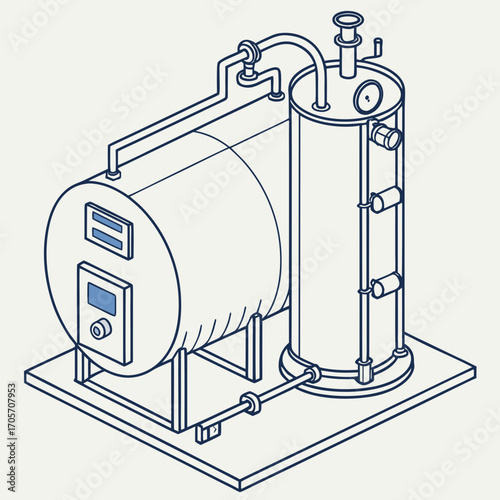 Isometric line art illustration of a large industrial boiler system with a horizontal tank and a vertical cylinder connected by pipes and valves
