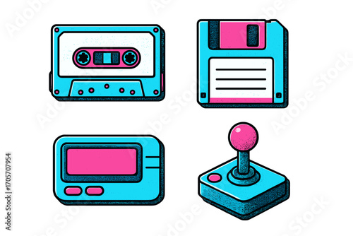 Vintage electronic devices: cassette, floppy disk, handheld game, joystick