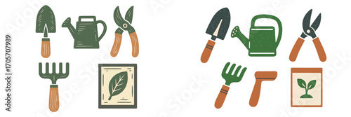 Collection of essential gardening tools including shovel, rake, watering can, pruning shears, and seed packets